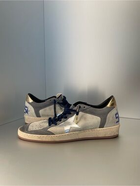 Golden Goose Men's Gray & Silver Low-Top Sneakers with Navy Laces